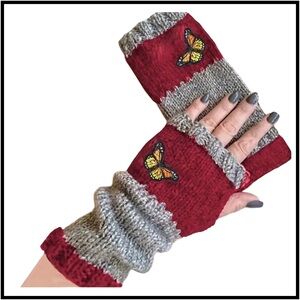 Long Fingerless Knitted Gloves Butterfly Burgundy OS